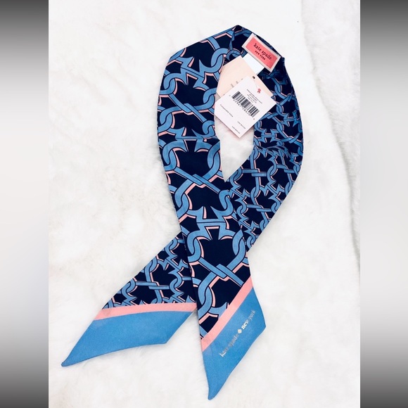 Kate Spade Skinny scarf, neck scarf, Bandana or hair tie. 100% SILK, blue NEW - Picture 1 of 4
